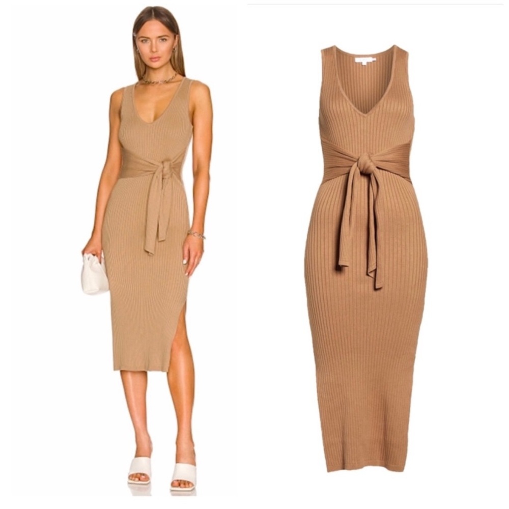 Good American Wrap Tie Sleeveless Sweater Midi Dress Tan 2 M Belted Body